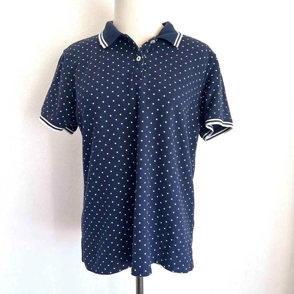 L.L. Bean Women’s Relaxed Fit Polka Dot Polo Golf Shirt Size Medium Navy and Whi